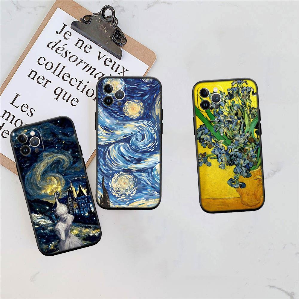 BF101 Starry Night Van Gogh Painting Soft Shell Phone Case for iPhone 16 15 14 13 12 Pro Max Plus Mini