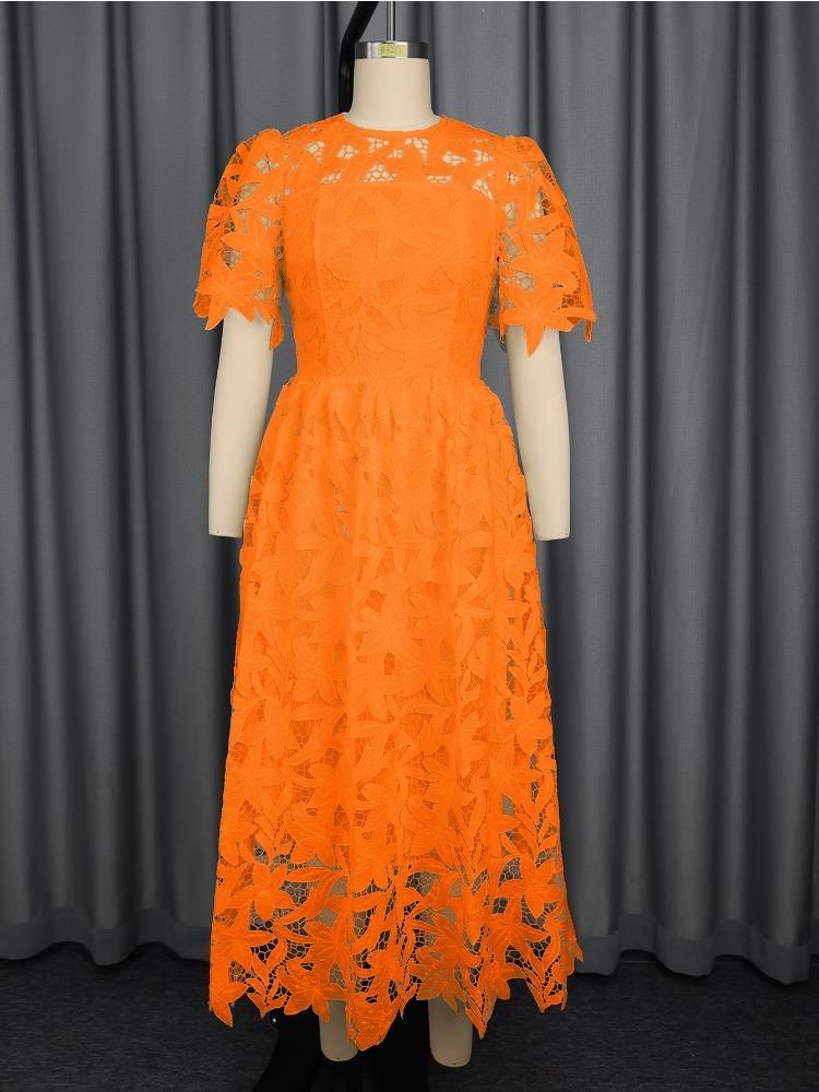 Elegant Orange Lace Dress with Irregular Hem and Hollow Out Design for Wedding Guest or Bridal Shower