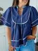 Women's Babydoll V Neck Blouse Short Lantern Sleeve Loose Peplum Flowy Top