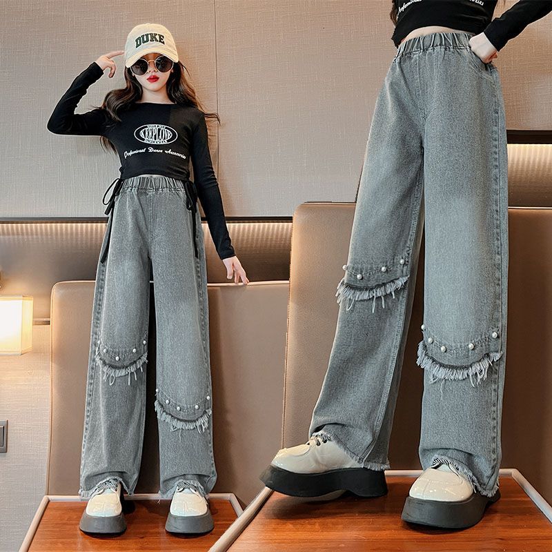 

Широкие брюки для девочек для весенне-осенней носки, джинсы прямого кроя, корейские детские повседневные осенние брюки 140