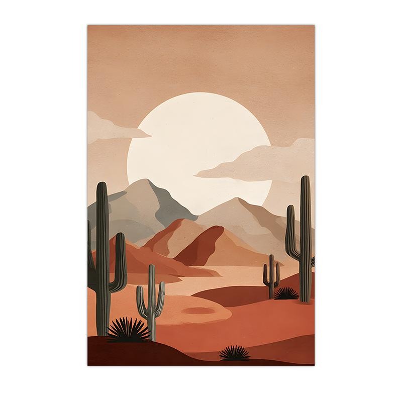 Boho Landscape Wall Art, Desert Plant Sunset Canvas Painting, Cactus Botanical Poster Print for Bedroom Living Room Decor