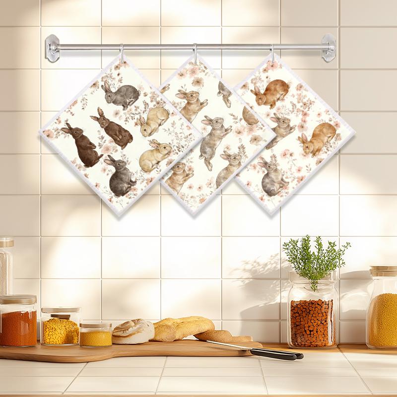 6PCS Cleaning Dishcloths Reusable Kitchen Dish Towels Rabbit Pattern Dishcloth Absorbent Lint Free Cloth Washable Duster Rags Tea Towels