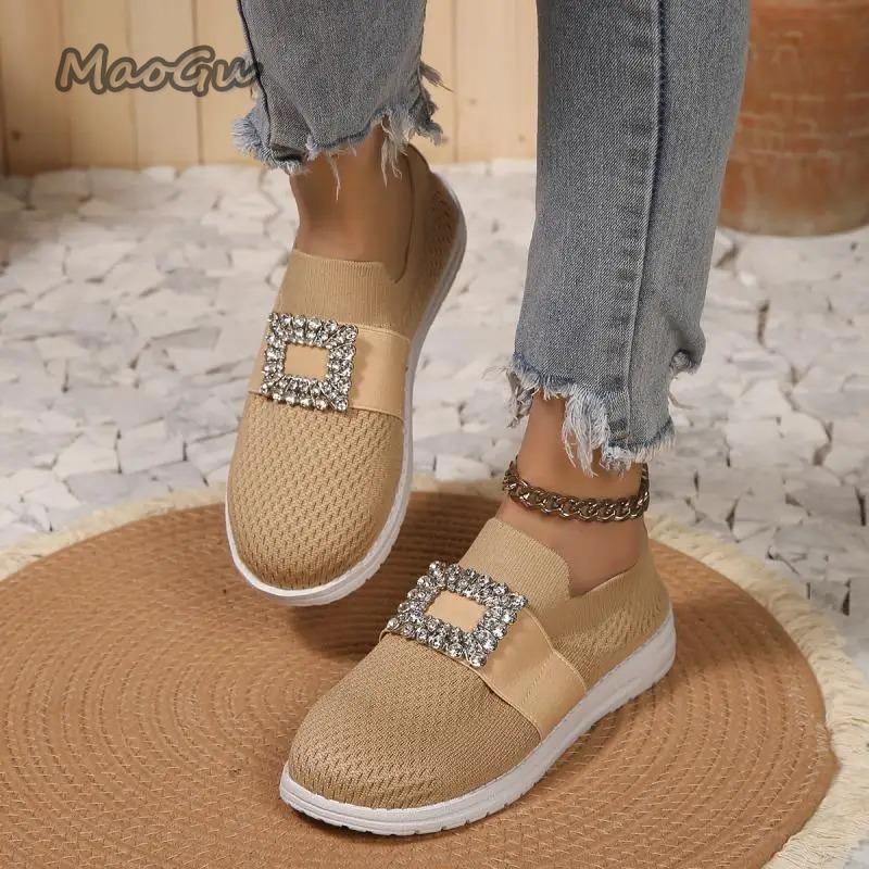 Modische Strass-Netz-Strick-Slipper für Damen Atmungsaktive Slip-On Casual Flats Damen Herbst 2025 Weiche Sohle Laufschuhe Größe 36 42