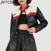 BITCED Women's Color-Blocked Patchwork Biker Jacket Pilot Jacket Short-Length Leather Jacket