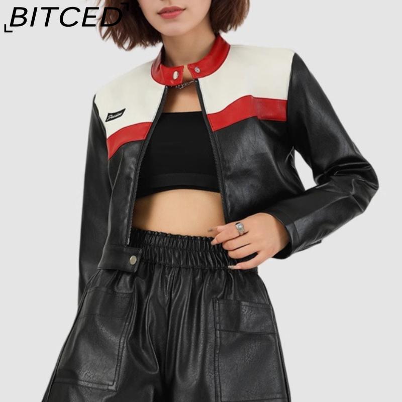 BITCED Women's Color-Blocked Patchwork Biker Jacket Pilot Jacket Short-Length Leather Jacket