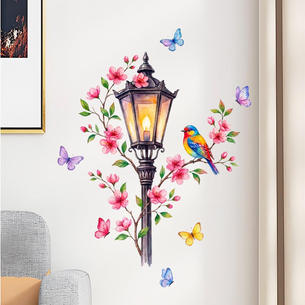 Retro Street Lamp Painted With Flowers, Branches, Birds And Butterflies, Living Room, Entryway, Home Decoration Wall Stickers