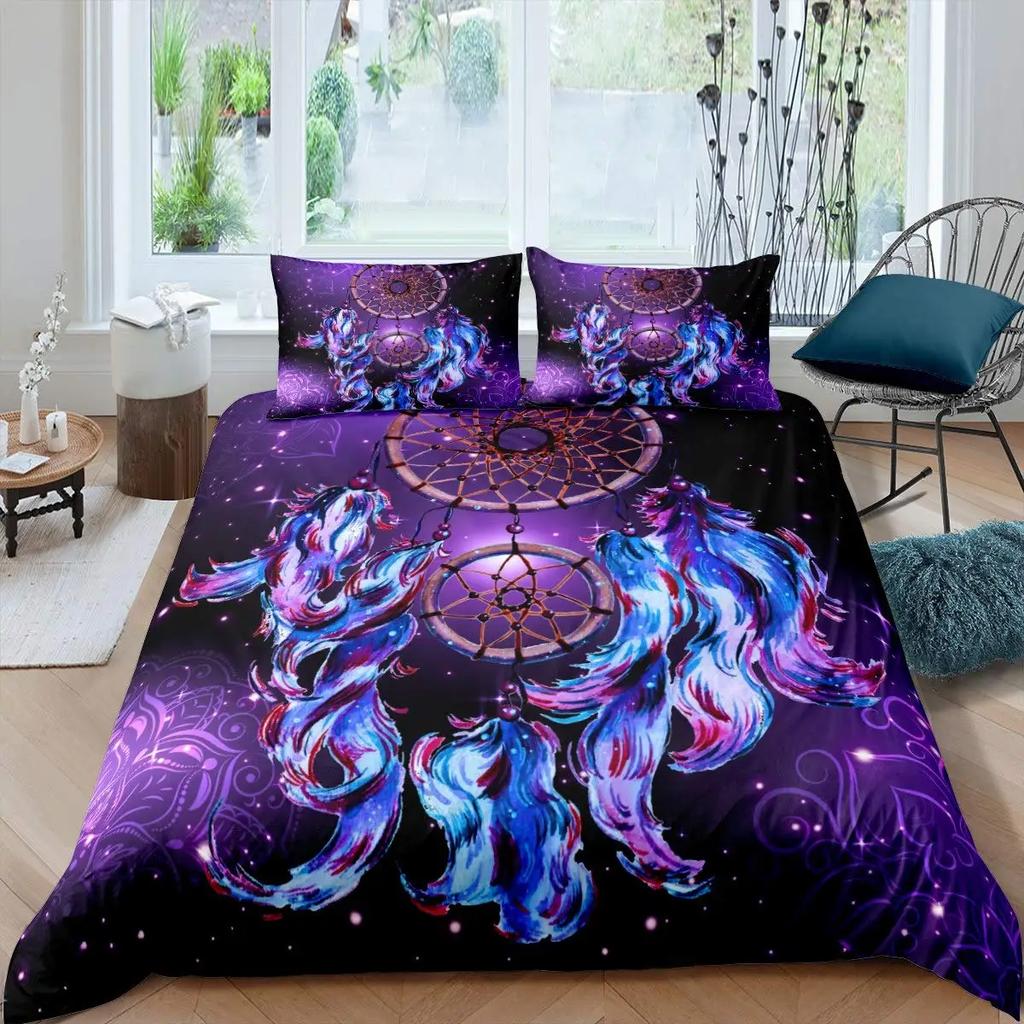Dream Catcher Duvet Cover Set Purple Bedding Set Chic Boho Mandala Floral Feather Design Galaxy Comforter Cover Set Queen Size