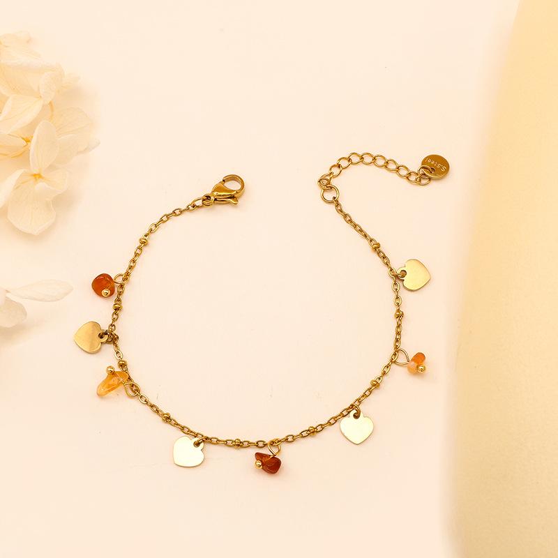 18K Gold Peach Heart Bracelet with Colorful Natural Stones - Minimalist Stainless Steel Women's Jewelry