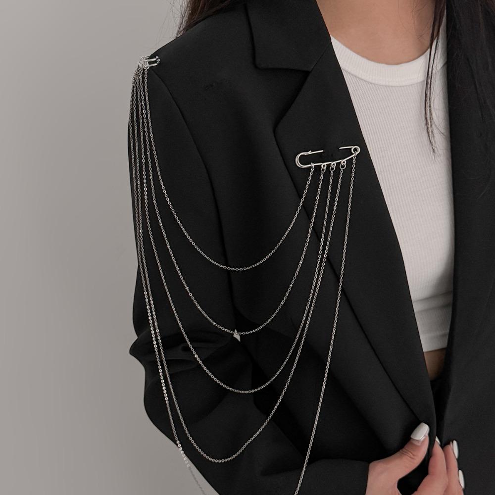Fashion Hip-hop Multi Strand Layered Chain Dual Safety Pin Brooches for Women Men Suit Coat Pants Decor Pin Streetwear Jewelry