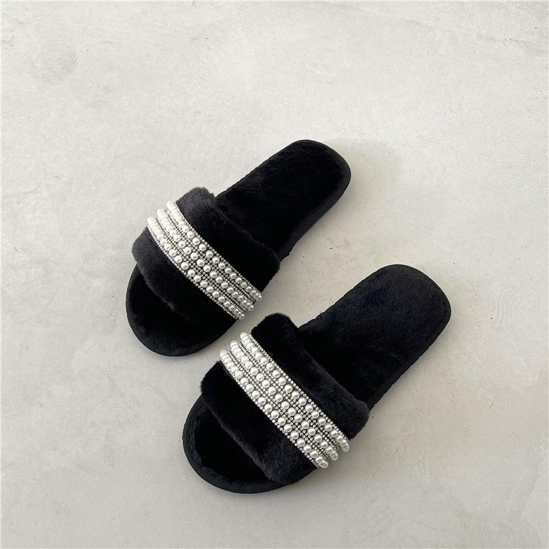 Cotton Slippers Women's Winter New Pearl Indoor Ins Home Household One-word Warm and Non-slip Maternity Plush Slippers