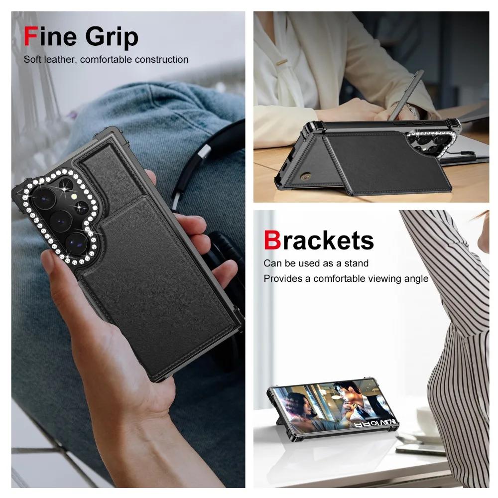 Luxury Glitter Bling Card Slot Holder Wallet Flip Phone Case for Samsung Galaxy S24 Ultra Plus Purse Kickstand PU Leather Cover