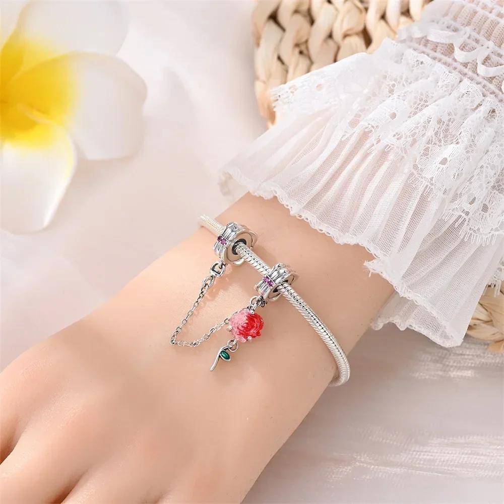 Coração Estrela de Cobre e Flor da Lua Corrente de Segurança para Mulheres Joia Fina Usável Presente Pulseira Original Contas DIY