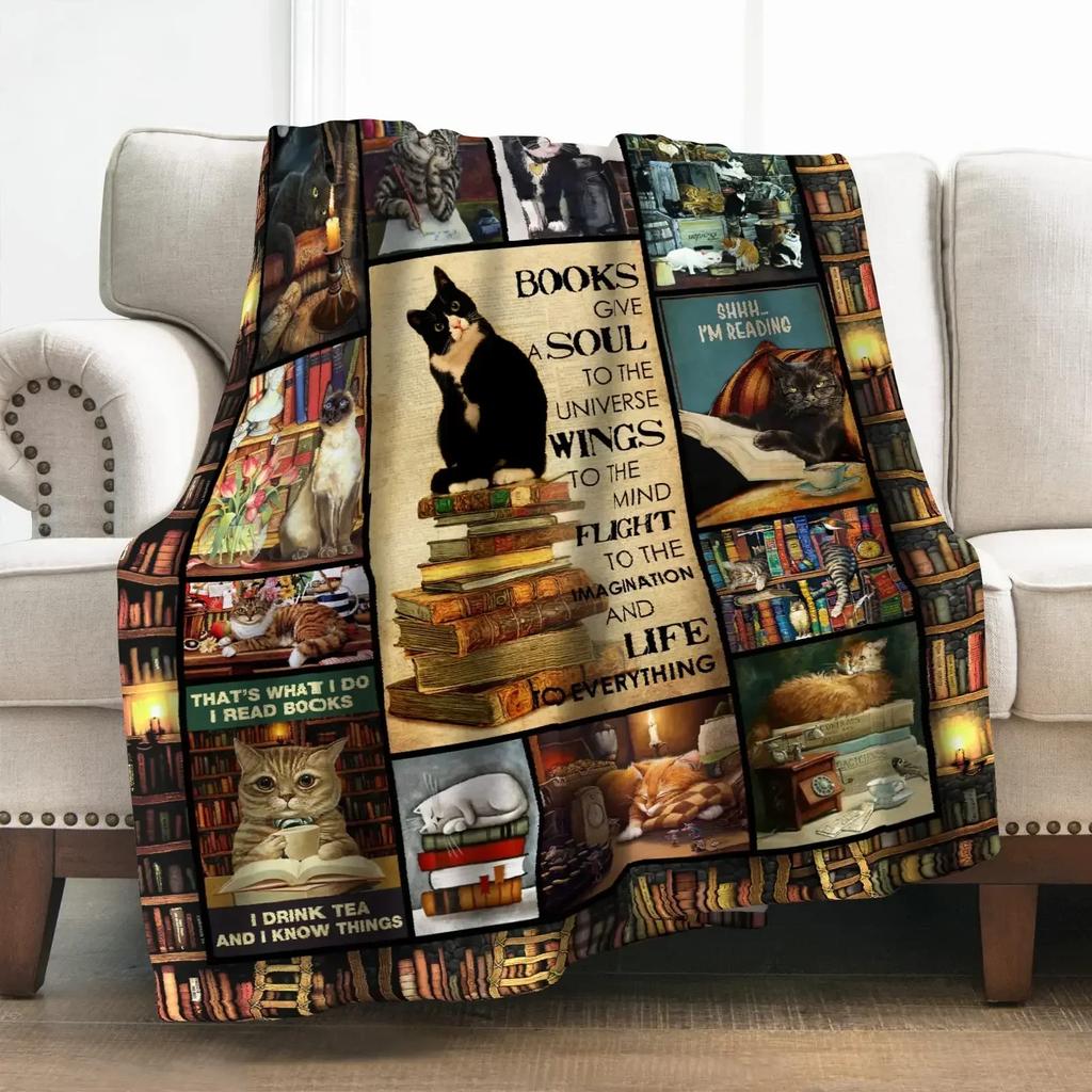 Cat Book Pattern Flannel Throw Blanket Gifts Reading Lover Cute Animals Decor Home Bedroom Soft Warm Cozy Lightweight King Size