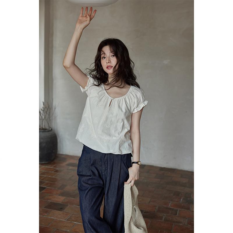 Xi Meng 2025 Летняя Шикарная Французская Вышитая Блузка Петит Small абрикосовый