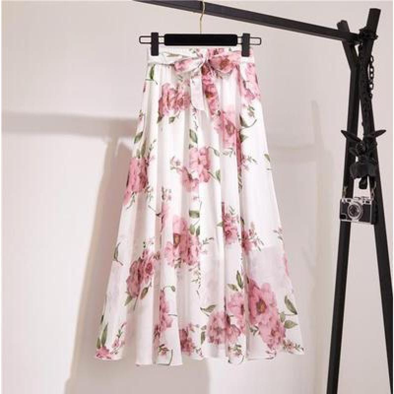 Spring and Summer New Bohemian Chiffon Skirt Mid-Length High Waist Fairy Floral Large Swing Skirt Beach Skirt
