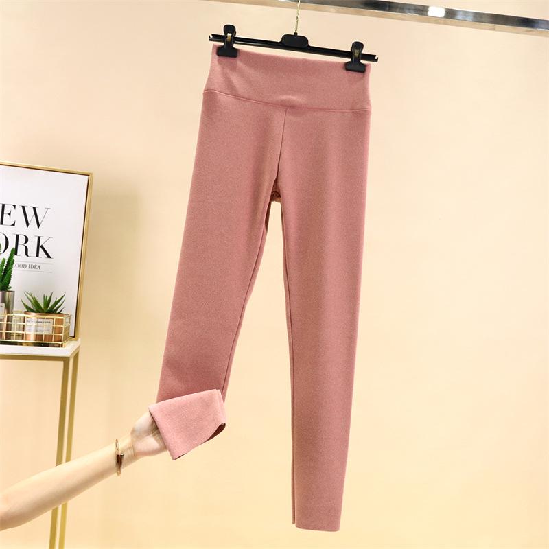 Women's High-Waisted Fleece-Lined Seamless Cotton Trousers – Warm, Tight-Fit, Thickened Base Layer for Autumn/Winter
