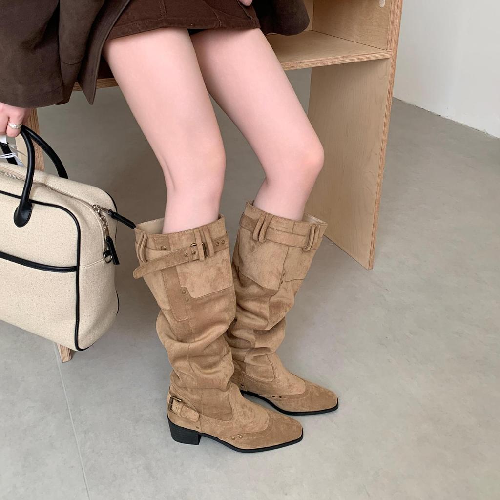2025 Retro Western Cowboy Boots Thick Mid-heel Boots Niche Design Wide Tube Circumference Square Head Belt Buckle Stacking Boots