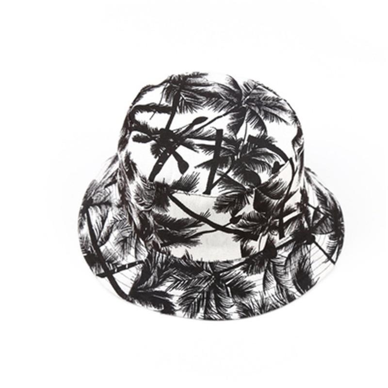 Unisex Summer Printed Bucket Hats Coconut Tree Black White Reversible Fisherman Caps Men Sunscreen Fold Hip Hop Panama Bob Hat