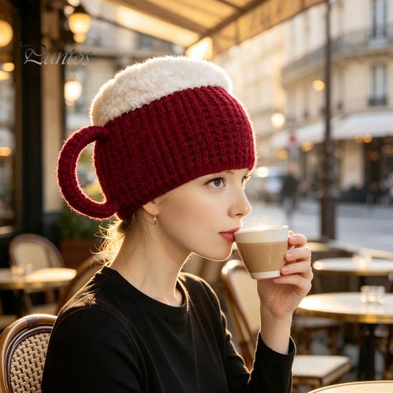 Warm Acrylic Winter Hat Funny Beer Mug Hat, Novelty Knitted Leg Warmers Playful Birthday Festival with Handles, Gloves for Adults, Men And Women