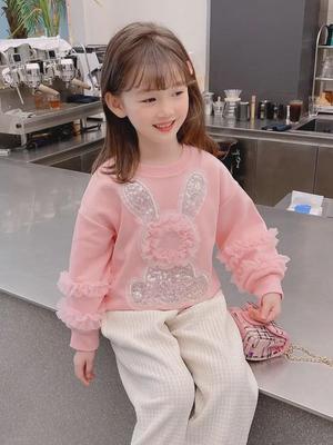 Niedlicher rosa Pullover mit Kaninchen für Mädchen - Langärmiges Baumwoll-Sweatshirt für Frühling & Herbst
