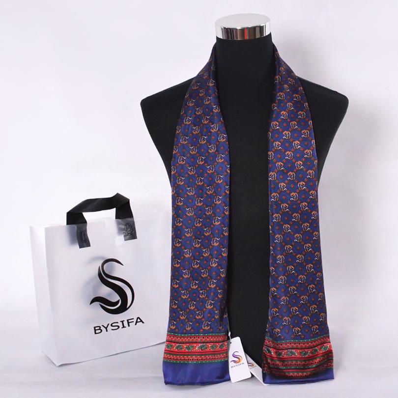 [BYSIFA] Brand Men Silk Scarf Muffler Winter Fashion Accessory 100% Pure Silk Male Plaid Long Scarves Cravat Navy Blue 160*26cm