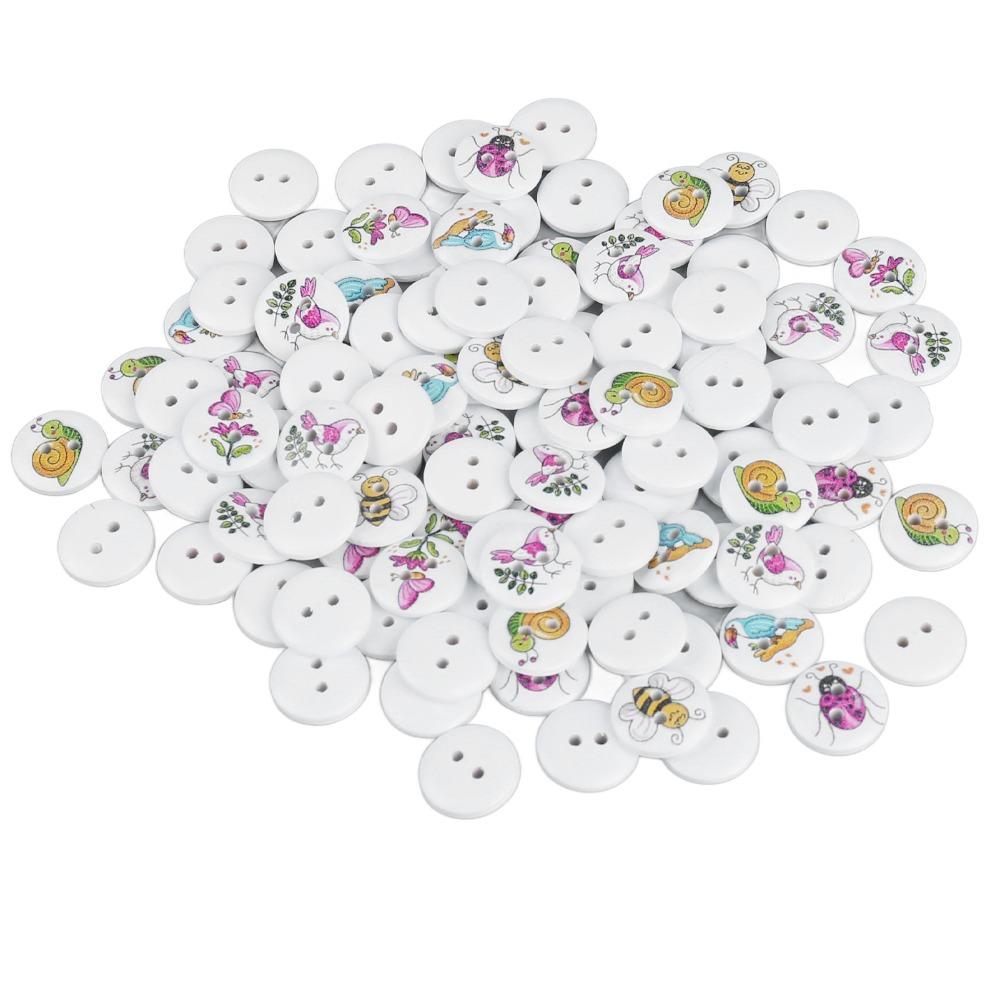 100pcs Mixed Printed Wooden Buttons 2 Holes Round Buttons Decorative Buttons For DIY Crafts