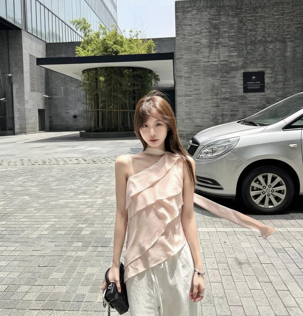 Laminated Lotus Leaf Edge Mulberry Silk Slanted Shoulder Streamer Shirt Women's Summer and Korean Sleeveless Top