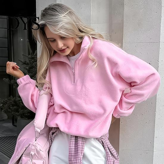 Lady Sweatshirt Women Solid Color Collared Sweatshirt, Loose Half Zipper Collar Pullover Top Top, Casual Sports Long Sleeve Outfits for Autumn Winter
