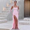 European and American New Solid Color Square Neck Suspender Sexy Backless Pleated High Split Dress Dress Dress