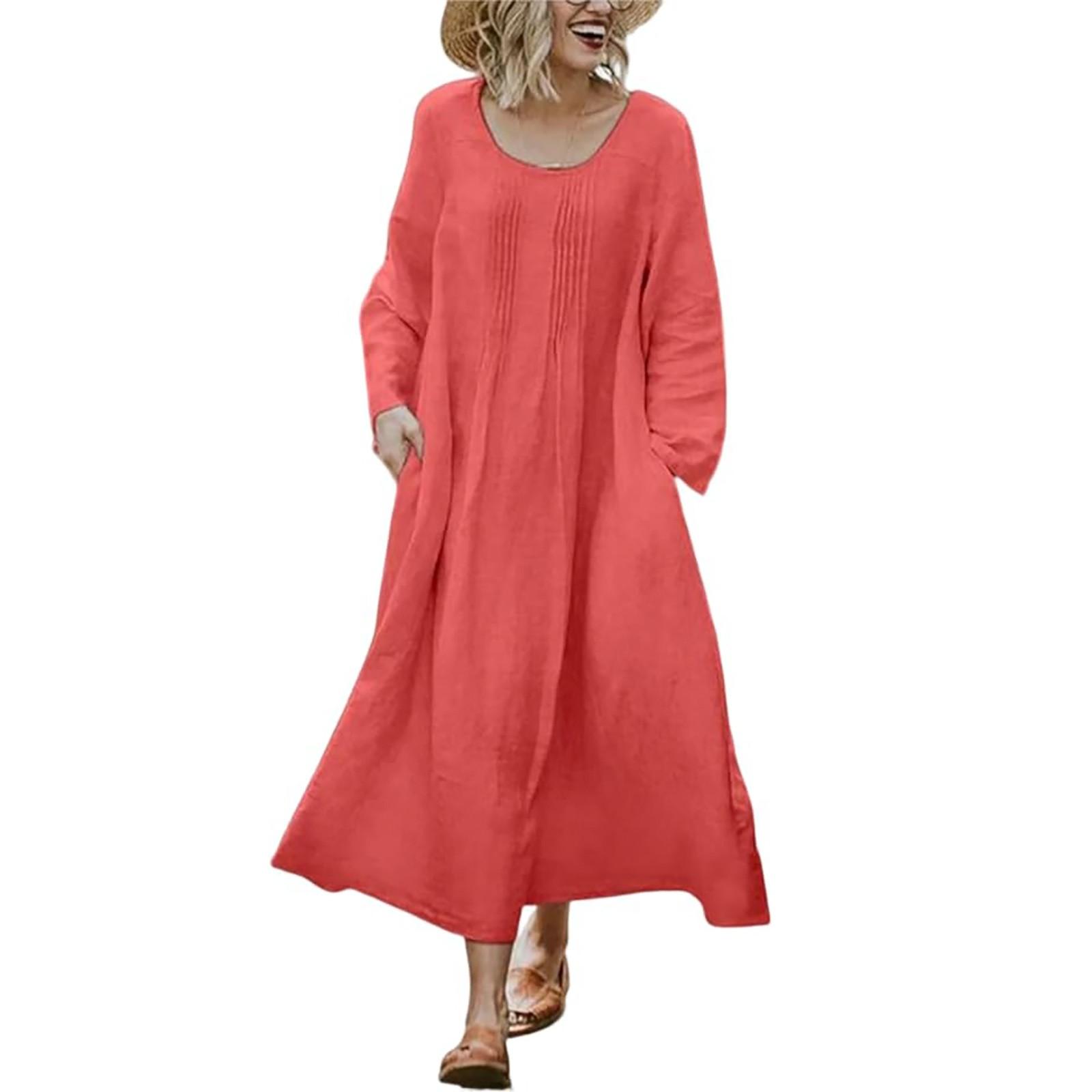 

Fall Round Neck Ruffled Pocket Solid Color Long Sleeve Cotton And Linen Dress XXXXXL червоний
