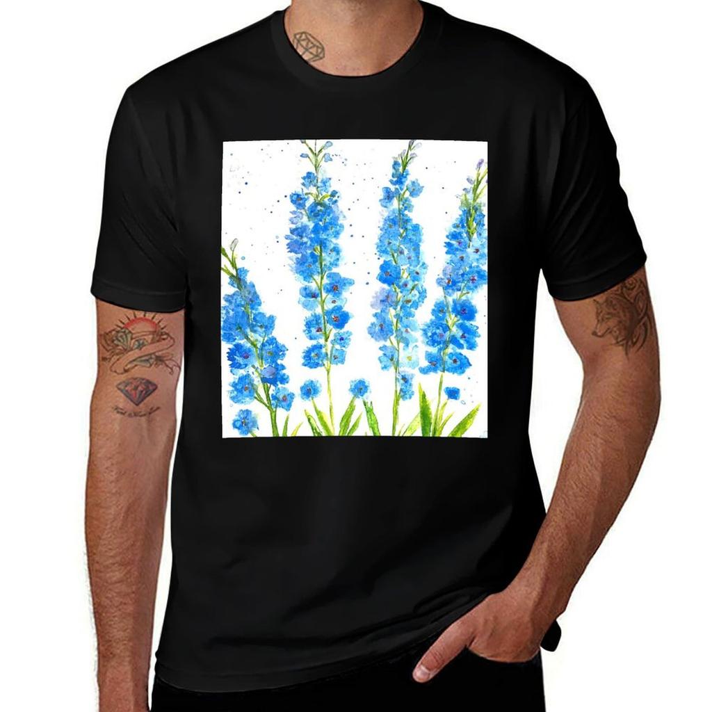 Blue Delphinium Flowers Watercolor Tshirt Daily Casual Short Sleeve Tee Shirt