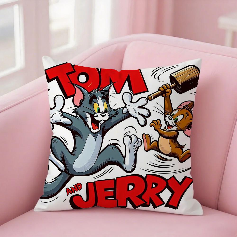 Husa de Pernă Amuzantă Desen Animat T-Tom și J-Jerry Pătrată Imprimare Față-Verso Pluș Scurt Husă Pernă Canapea Dormitor Noptieră