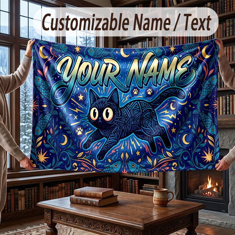 Cat Theme Throw Blanket Custom Name Text Personalized Blanket Soft Cozy Blanket for Home Sofa Bed