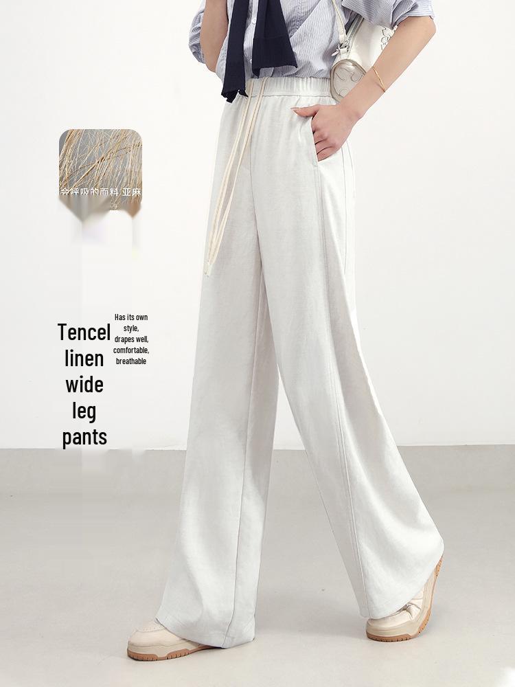 Tencel Linen Women's Wide-Leg Pants: Spring 2026 Arrivals, Elastic Waist, Drawstring, Drape Slimming Straight Leg.