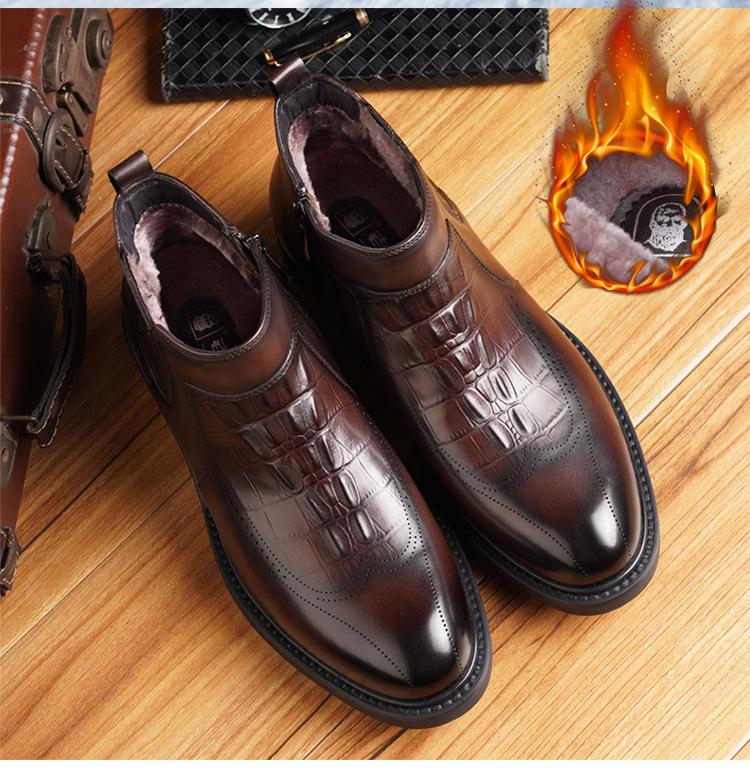 Pánské zimní sněhule s vysokým svrškem z pravé kůže a sametovou podšívkou