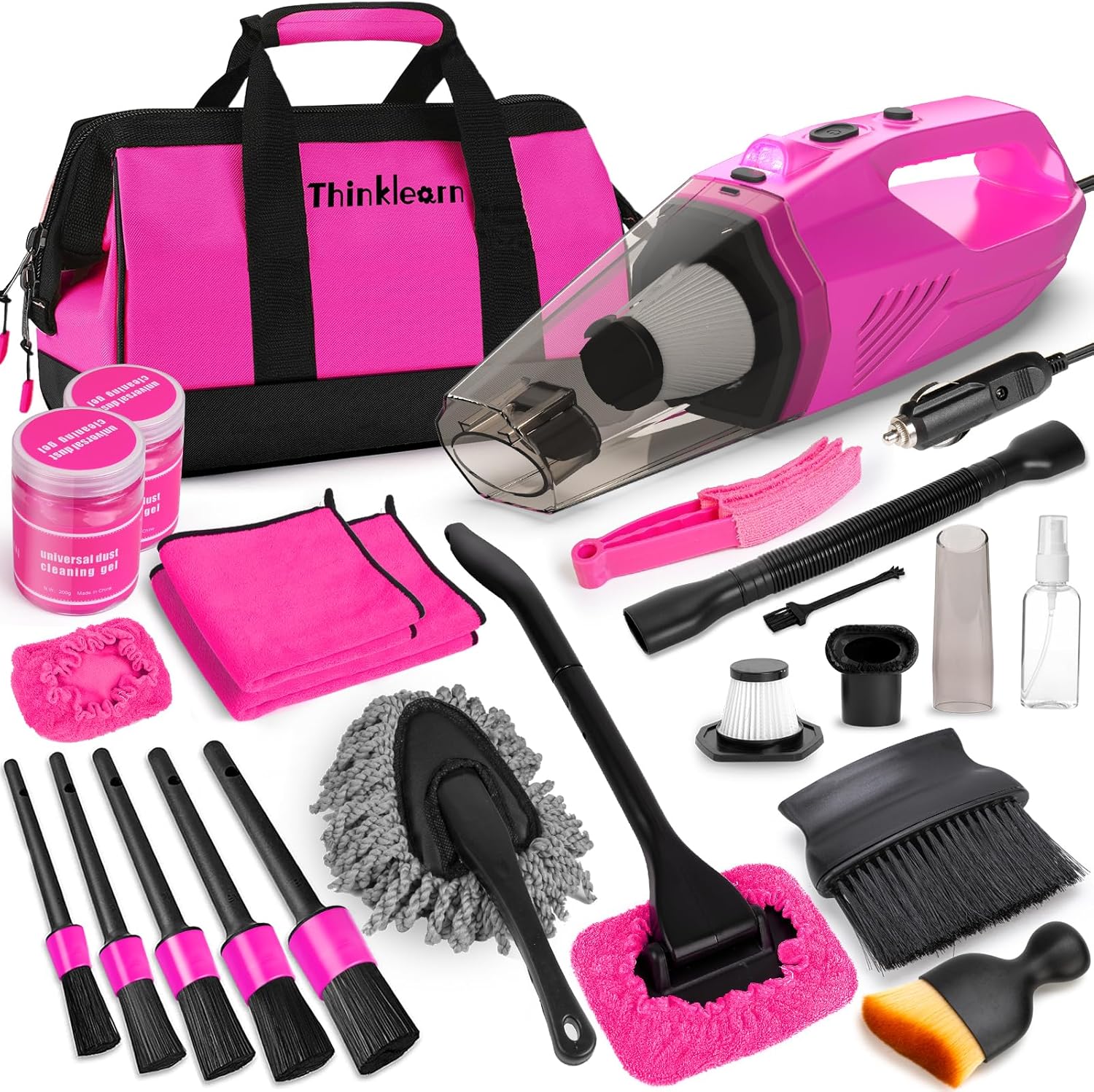 

Car Cleaning Kit with Handheld Vacuum, 7-Piece Detailing Brush Set, Windshield Cleaner - Pink Accessories for Women рожевий