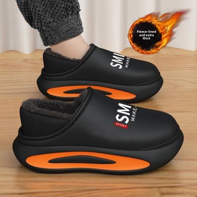 Waterproof Cotton Slippers for Men, Winter Velvet Warm Home, Indoor Bag with Cotton Heels, Non Slip Cotton Slippers for Wearing Outside