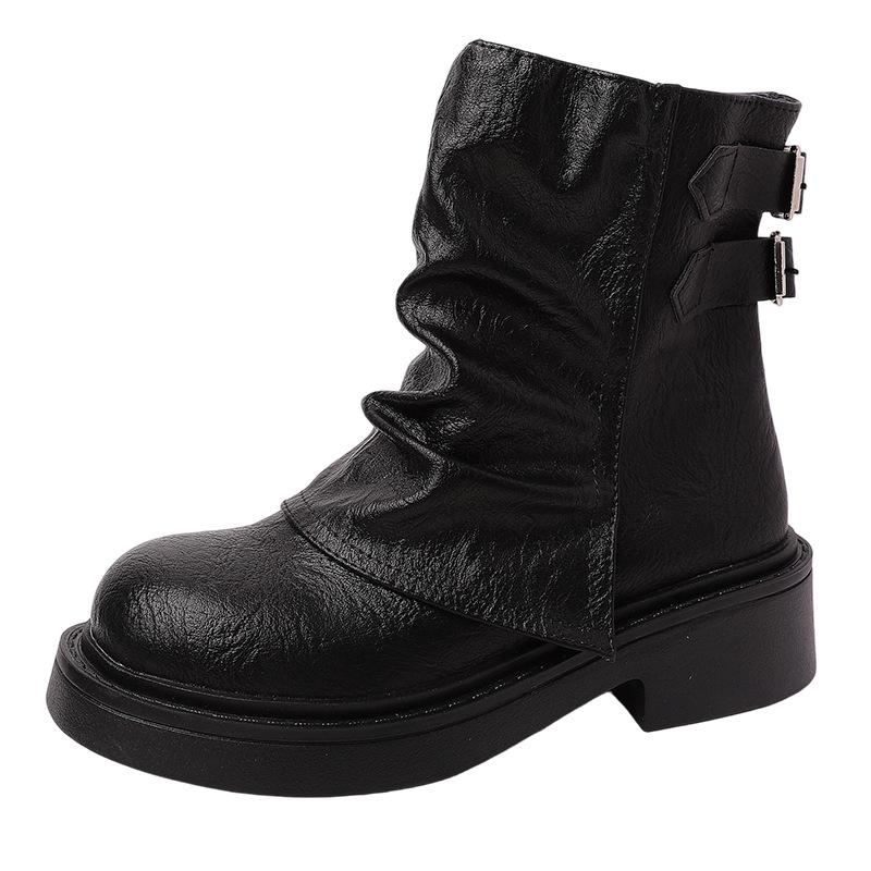British retro design pleated leather boots slim short boots autumn and winter muffin thick-soled trousers women's knight boots