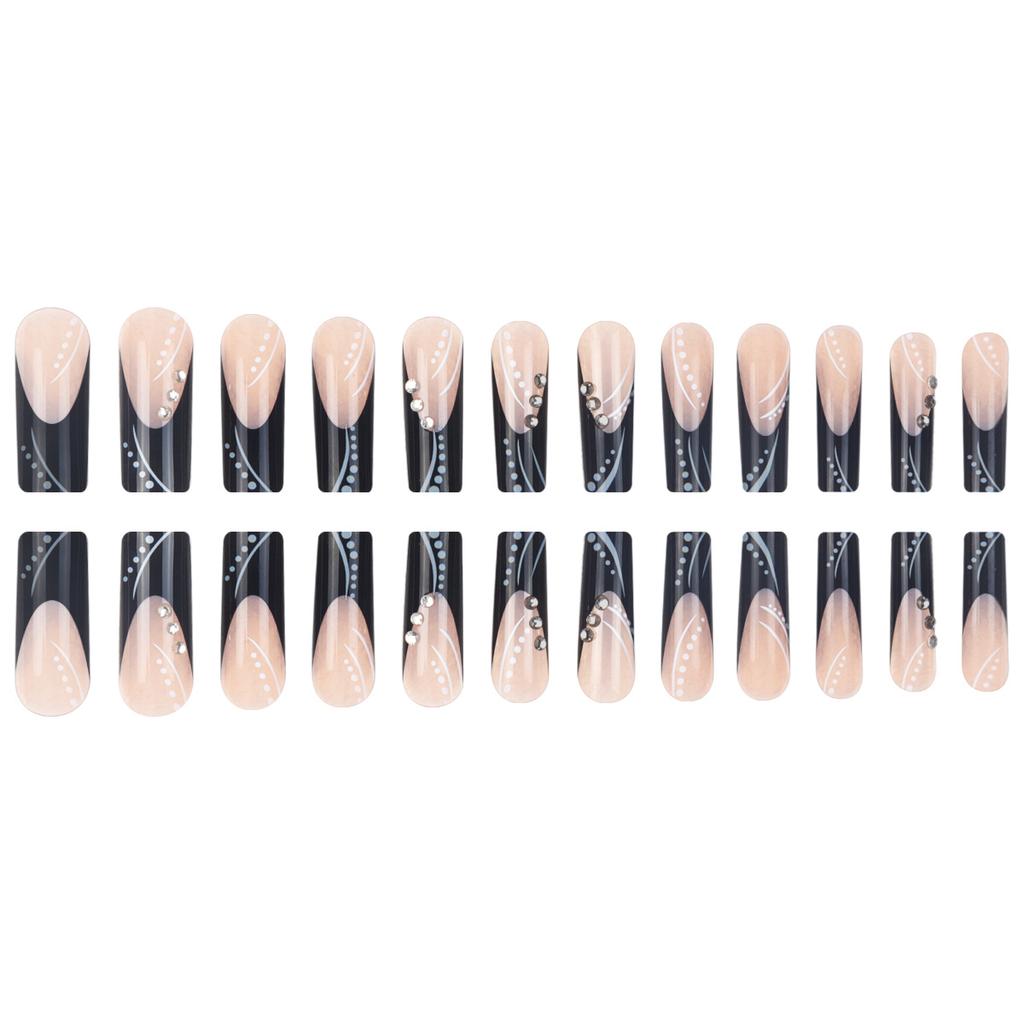 Black Press On Nails Long Coffin Glossy Full Cover Acrylic Long Square False Nails with Designs Artificial Fake Nails Glue Stick On Nails for Women