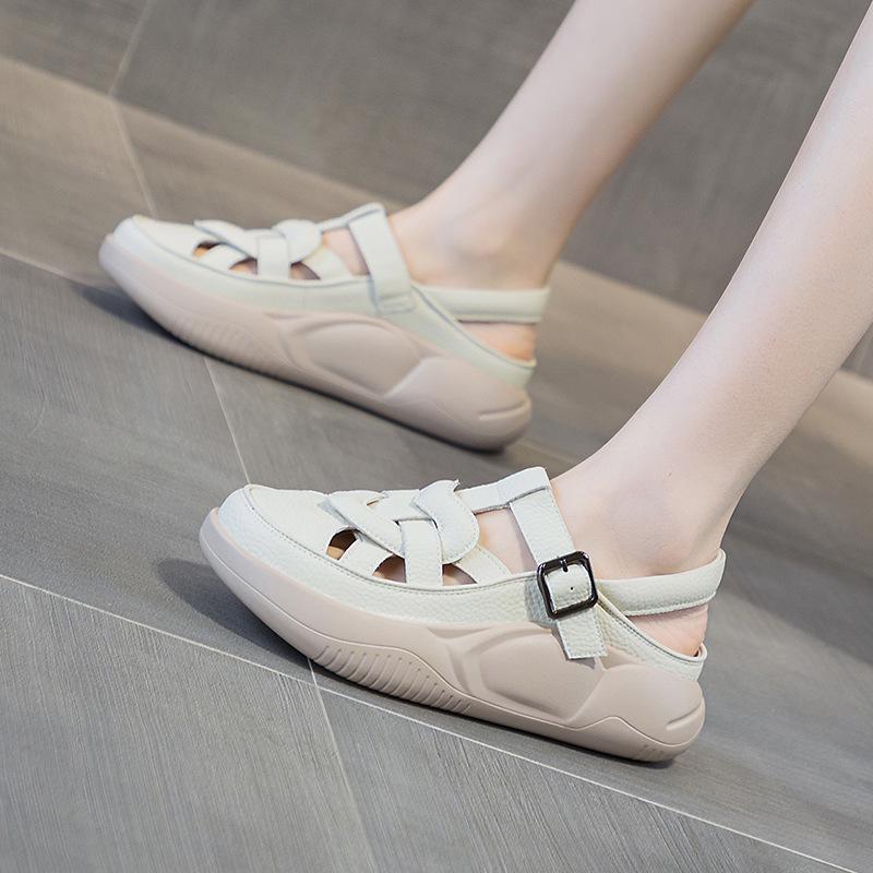 Women's 2025 Leather Flat Sandals - Soft Sole, Casual Style, Round Toe, Color Block for Beach & Pregnancy