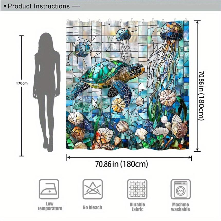 1pc Blue Green Turtle Underwater Scene Shower Curtain - Stained Glass Style Colorful Marine Life Mosaic Pattern, Durable Polyest