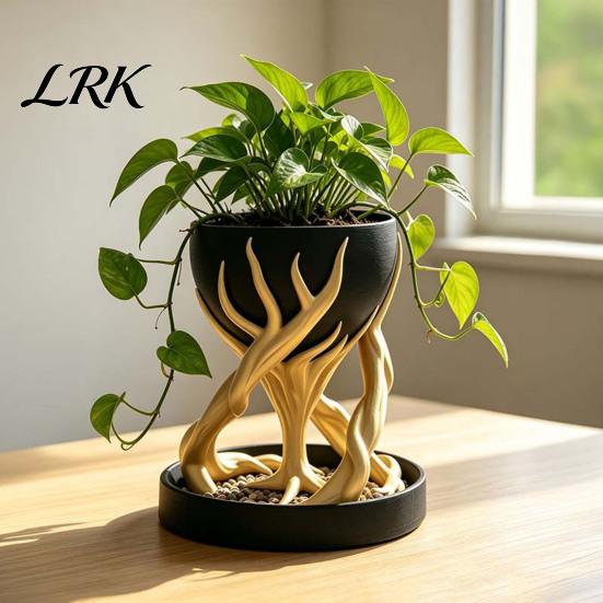 Desk Ornament for Plants 3D Printed Flower Pot with Tray, Modern Succulent Planter, Decorative Tree Bottom Sculpture Geometric Plant Vase Indoor