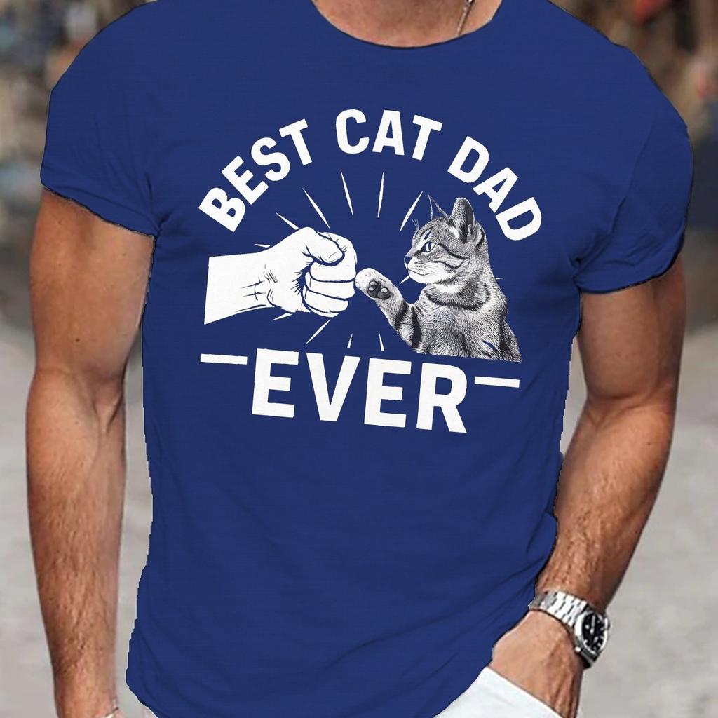 Best Cat Dad Ever Fist Bump Graphic Tee Men Casual Short Sleeve TShirt Breathable Cotton Gift