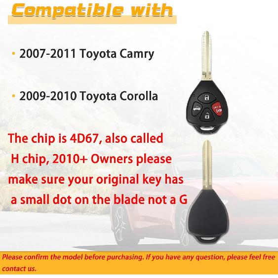 Key Fob Replacement for Toyota Camry Corolla HYQ12BBY H Chip 4D67 315MHz Remote Key 2007-2011 Camry 2009-2010 Corolla – Must Match Original Key
