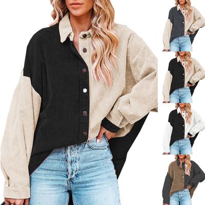 Women's Loose Casual Color Blocked Lapel Button Long Sleeved Shirt Top Long Sleeved Shirt