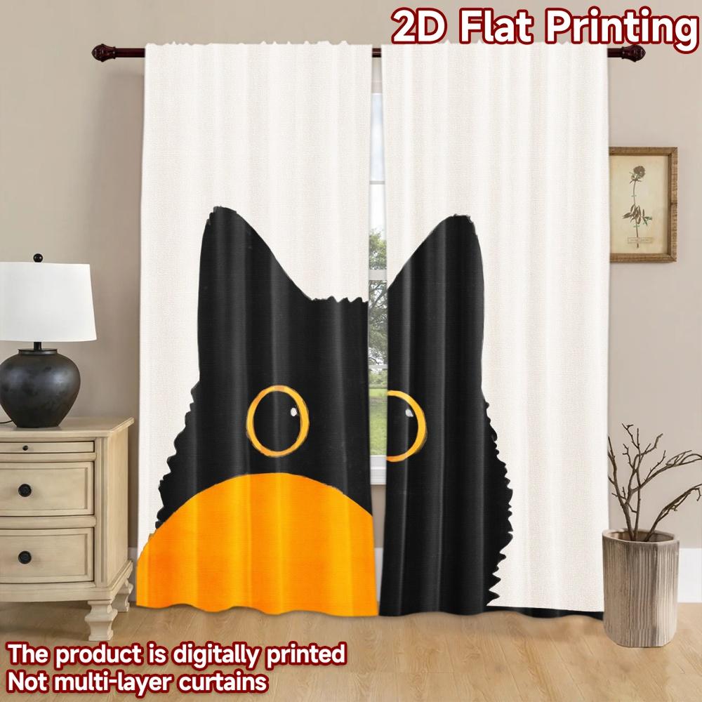 2D flat printing 2pcs Curtain Cute Black Cat Peeking Digital Printed Polyester Drapes Birthday Party Use for Holiday Parties