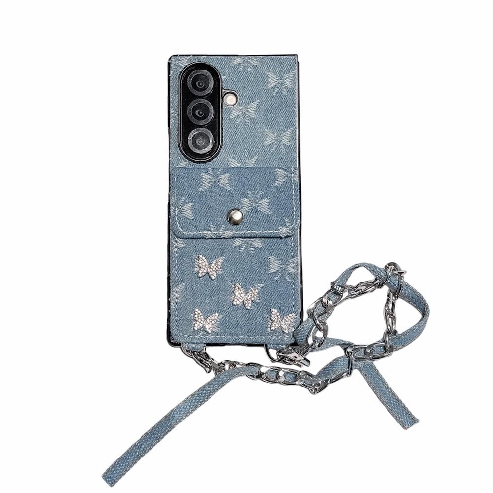 Z Fold 7 Case Luxury Denim Jeans Glitter Butterfly Wallet Phone Cover for Samsung Galaxy Z Fold 6 4 5 Card Holder Wrist Strap