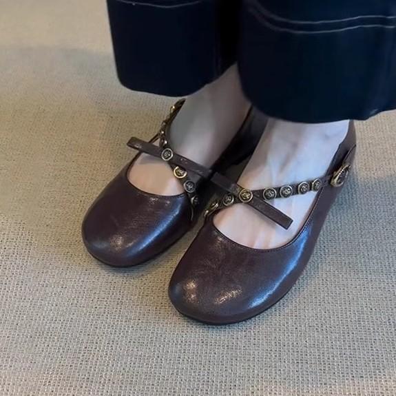 Soft leather version~ French retro light mouth one-word buckle bow single shoes flat soft leather one-pedal Mary Jane shoes women