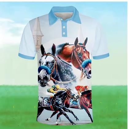 Horse Racing 3D Printed Men's Polo Shirt 2025 New Fashion Button Lapel Short Sleeve Top Summer Marseille