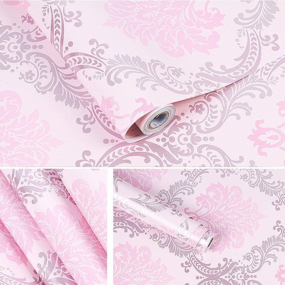 Pink Damask Self Adhesive Wallpaper Floral Peel and Stick Wallpaper Waterproof Removable Wallcoverings for Shelf Drawer Decor